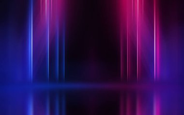 Ultraviyole neon ışıltılı koyu soyut bir arka plan. Bulanık neon dalgalar. Işık etkisi. Asfaltta yansıma var. 3d illüstrasyon
