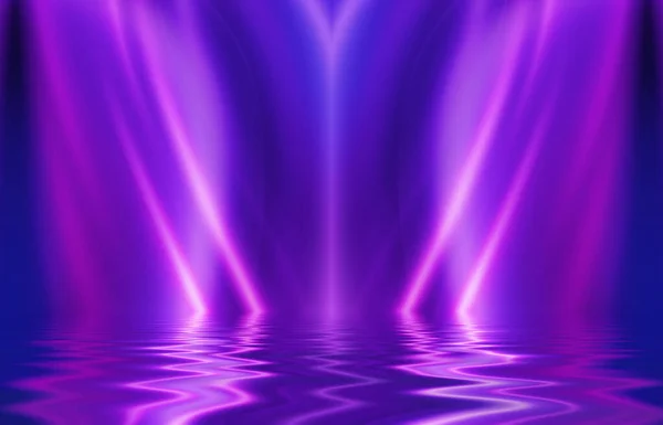 Streszczenie Ciemne Futurystyczne Tło Ultrafioletowe Wielobarwne Wiązki Światła Neonowego Odbijają — Zdjęcie stockowe