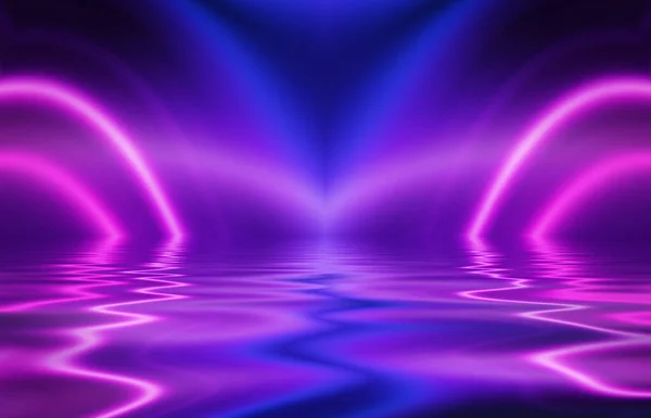 Abstraktní Temné Futuristické Pozadí Ultrafialové Mnohobarevné Paprsky Neonového Světla Odrážejí — Stock fotografie