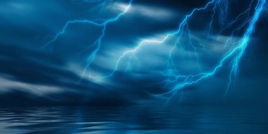 Dramatik boş doğa geçmişi. Fırtınada şehrin karanlık gece manzarası. Şimşek çakıyor. Suyun üzerindeki ışığın yansıması. 3d illüstrasyon