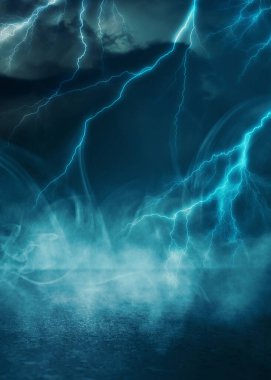 Dramatik doğa geçmişi. Fırtınada şehrin karanlık gece manzarası. Şimşek çakıyor. Asfaltta ışığın yansıması. 3d illüstrasyon