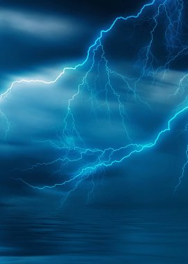 Dramatik doğa geçmişi. Fırtınada şehrin karanlık gece manzarası. Şimşek çakıyor. Asfaltta ışığın yansıması. 3d illüstrasyon