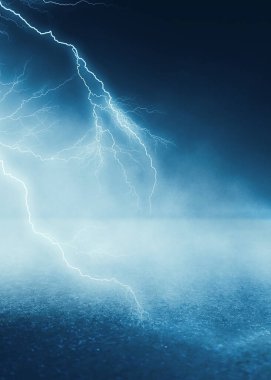 Dramatik doğa geçmişi. Fırtınada şehrin karanlık gece manzarası. Şimşek çakıyor. Asfaltta ışığın yansıması. 3d illüstrasyon