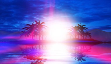 Plaj partisi boş sahne geçmişi. Tropikal palmiyeler arka planda dağlar, su yansıması, neon ışıklar, lazer gösterisi. 3d illüstrasyon