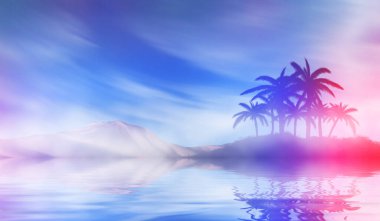 Soyut fütüristik geçmiş. Tropik bir adadaki palmiye ağaçlarının siluetleri suya yansıyor. Ultraviyole bulutun arka planına karşı neon şekiller. Plaj partisi. 3d illüstrasyon