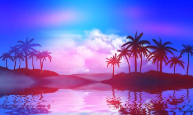 Soyut fütüristik geçmiş. Tropik bir adadaki palmiye ağaçlarının siluetleri suya yansıyor. Ultraviyole bulutun arka planına karşı neon şekiller. Plaj partisi. 3d illüstrasyon