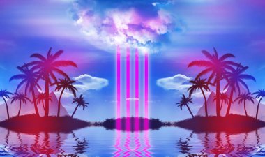 Soyut fütüristik geçmiş. Tropik bir adadaki palmiye ağaçlarının siluetleri suya yansıyor. Ultraviyole bulutun arka planına karşı neon şekiller. Plaj partisi. 3d illüstrasyon