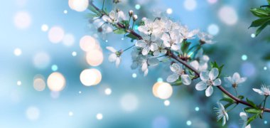 Narin bahar çiçekli arka plan maviye boyanmış. Bahar dalları narin mavi arka planda çiçek açıyor, bokeh