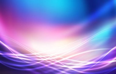 Boş fütüristik, ultraviyole geometrik çizgiler ve dalgalarla soyut bir arkaplan. Neon parıltısı. Işık noktaları.