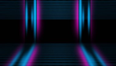 Boş gösteri sahnesinin karanlık ve soyut arkaplanı. Lazer gösterisi, neon ultraviyole ışınları, parti. 3d illüstrasyon