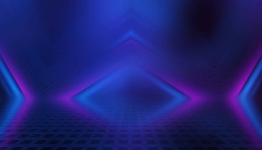 Boş gösteri sahnesinin karanlık ve soyut arkaplanı. Lazer gösterisi, neon ultraviyole ışınları, parti. 3d illüstrasyon
