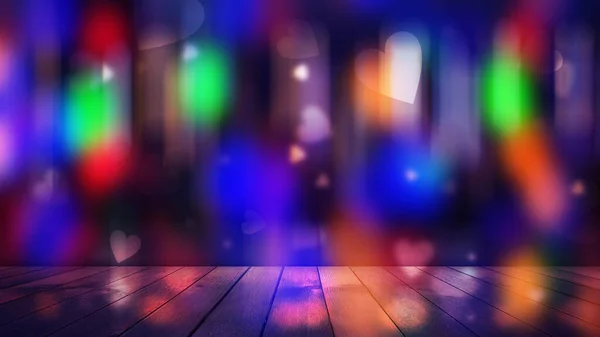 Wazig Donkere Abstracte Achtergrond Bokeh Neon Harten Worden Gereflecteerd Het — Stockfoto