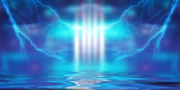 Dramatik boş doğa geçmişi. Fırtınada şehrin karanlık gece manzarası. Şimşek çakıyor. Suyun üzerindeki ışığın yansıması. 3d illüstrasyon