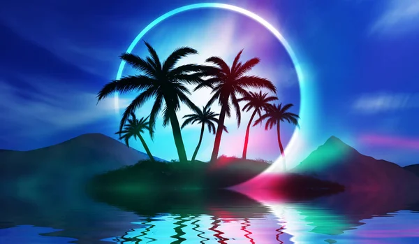 Abstract Futuristic Background Silhouettes Palm Trees Tropical Island Reflected Water — Stock Photo, Image