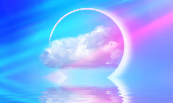 Glowing neon shapes passing through the cloud against the blue sky. Reflection on the water. Seascape background with neon glow. 3d illustration