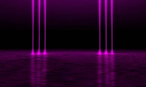Prázdné Pozadí Scény Neonové Ultrafialové Linky Cihlové Zdi Betonová Podlaha — Stock fotografie