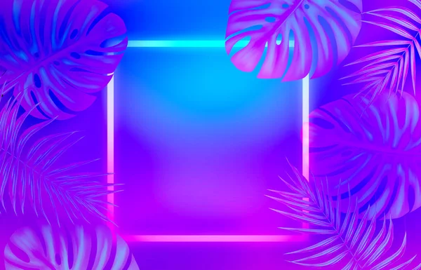 紫外線の色で空の熱帯の背景 ヤシの葉 ネオン幾何学的な形 3Dイラスト — ストック写真