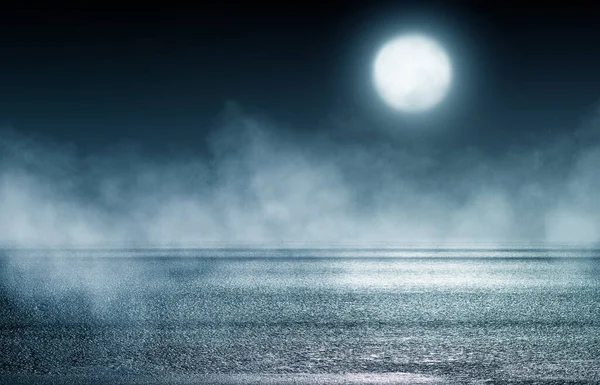 Paysage Urbain Dramatique Nuit Lune Clair Lune Reflète Sur Asphalte — Photo