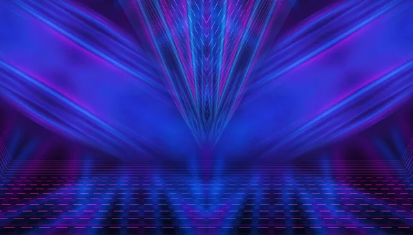 空舞台的黑暗的抽象背景 激光表演 霓虹灯紫外线 3D说明 — 图库照片