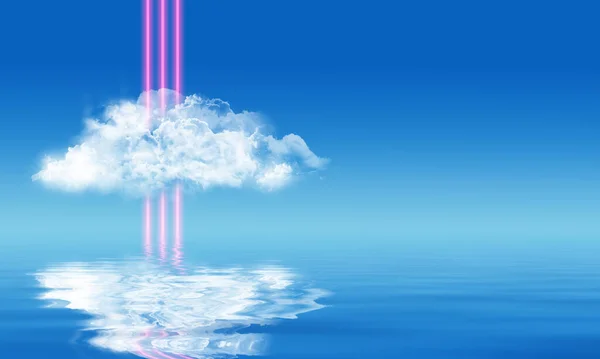 Bersinar Neon Bentuk Melewati Awan Terhadap Langit Biru Refleksi Pada Stok Gambar Bebas Royalti