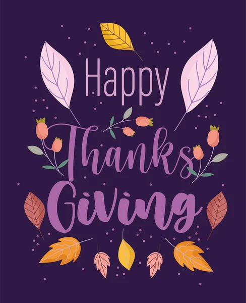 Happy thanksgiving hand drawn text and autumn leaves nature — Stock Vector