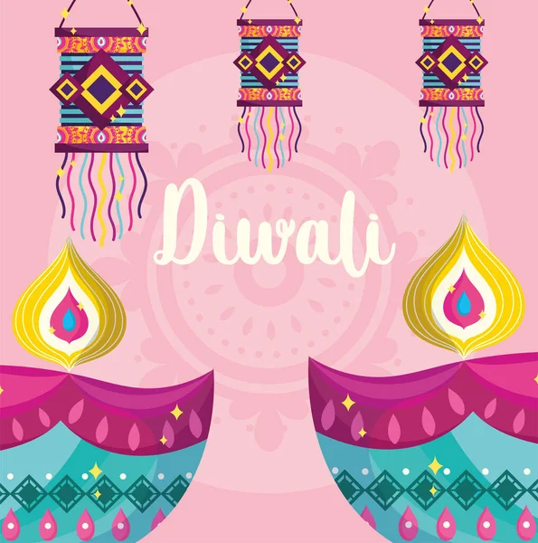 Heureux festival diwali, lampes diya et lanternes suspendues décoration détaillée — Image vectorielle