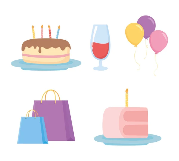 Fiesta celebración bolsas pasteles con velas globos y copas de vino iconos — Vector de stock