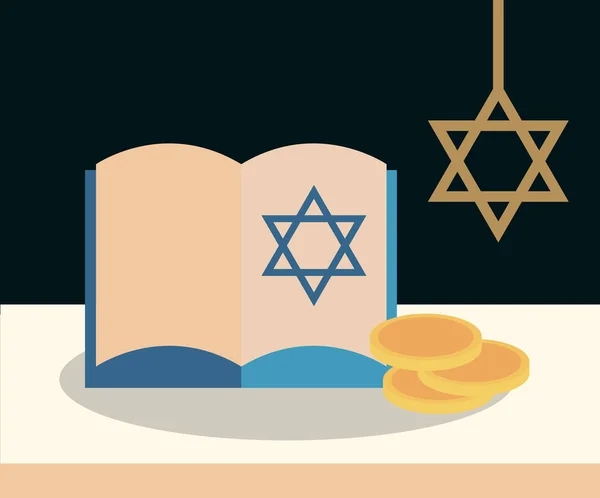Hanukkah, hängande stjärna torah bok och mynt platt ikon — Stock vektor