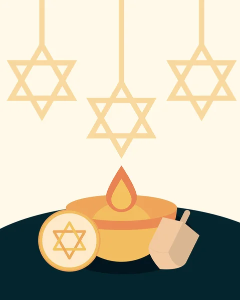 Hanukkah, estrellas colgantes de David quema vela y dreidel icono plano — Vector de stock