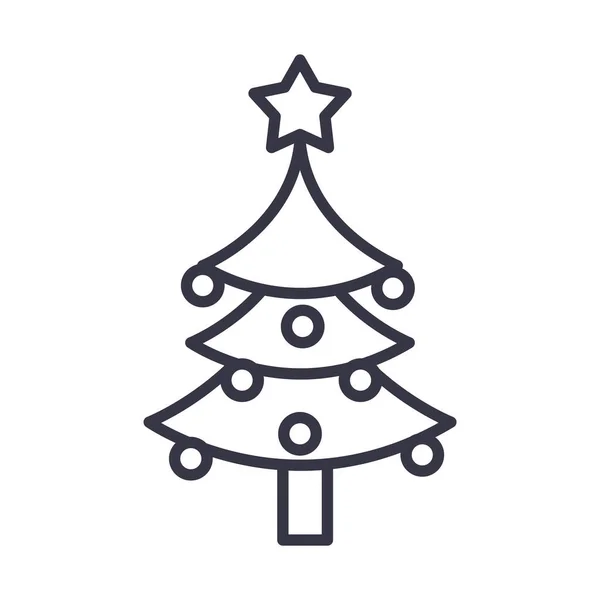 Feliz Natal, árvore com estrela e pendurado bola decoração linha ícone — Vetor de Stock