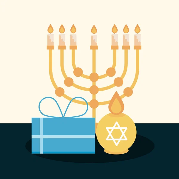 Hanukkah, velas menorah e ícone de caixa de presente plana —  Vetores de Stock