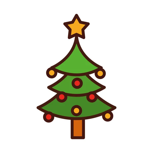 Feliz natal alegre, árvore com estrela e pendurado bolas decoração linha de preenchimento ícone — Vetor de Stock