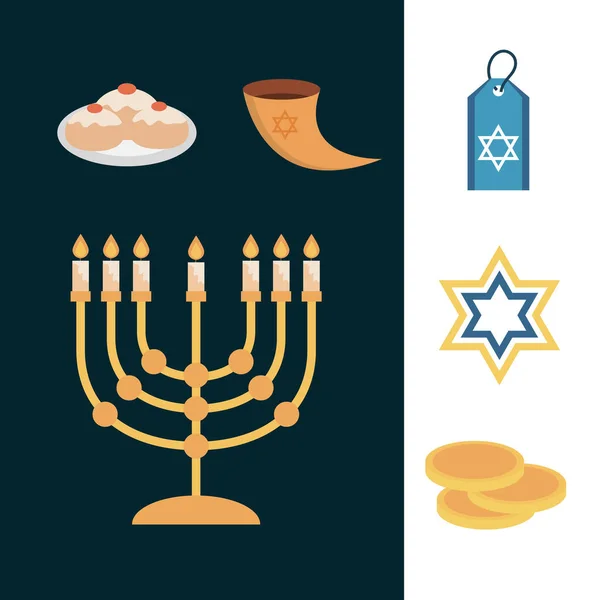 Hanukkah, set iconen viering judaïsme evenement, platte stijl — Stockvector
