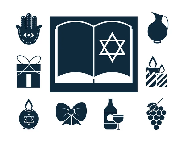 Hanukkah, religious traditional culture judaism silhouette icons collection — Stock Vector