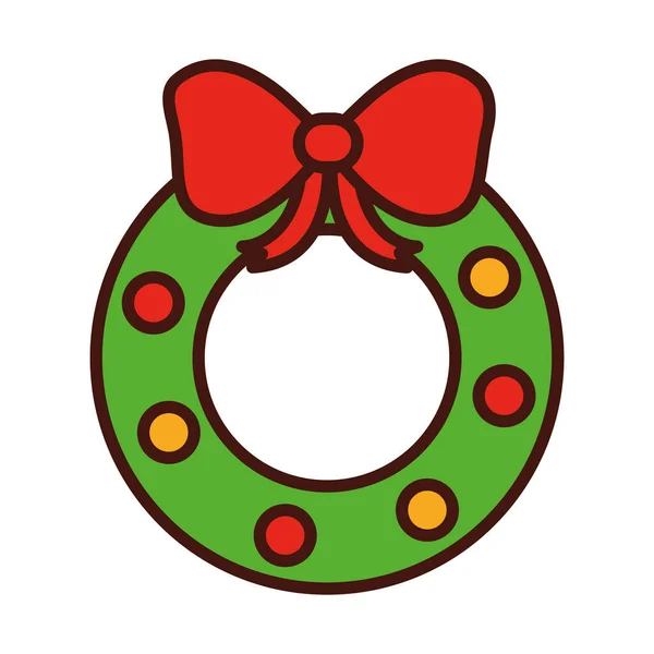 Boldog karácsonyt, koszorú labda íj dekoráció vonal töltse ikon — Stock Vector