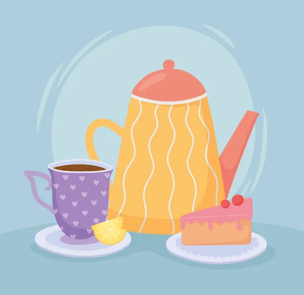 Tea, teacup teapot lemon and slice cake — Stock Vector