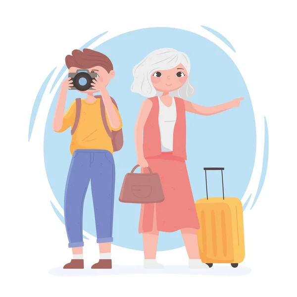 Άτομα που ταξιδεύουν, ηλικιωμένη γυναίκα και νεαρός άνδρας με φωτογραφική μηχανή και βαλίτσα — Διανυσματικό Αρχείο