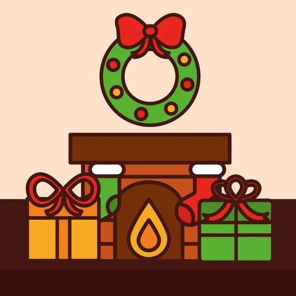 Feliz Feliz Navidad, chimenea con corona y cajas de regalo línea de llenado icono — Vector de stock