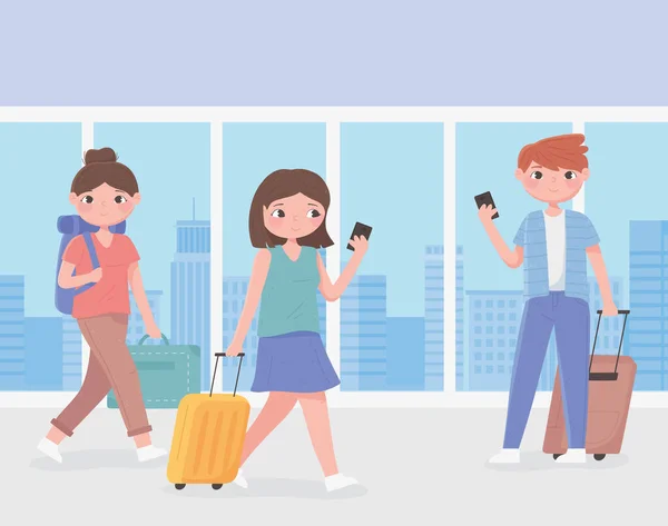 Άτομα που ταξιδεύουν, νέοι με smartphone και βαλίτσες στο αεροδρόμιο — Διανυσματικό Αρχείο