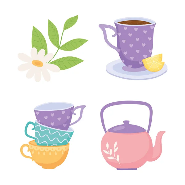 Tè, tazze da tè teiera fiore di limone foglie di erbe icone bevanda — Vettoriale Stock