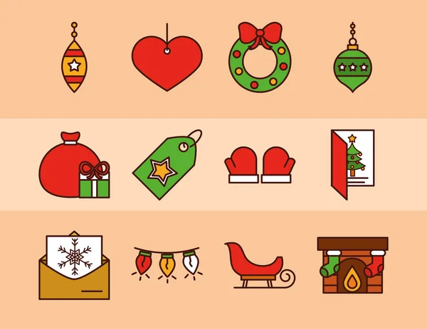 Happy merry christmas, season celebration party collection icons line fill icon — Stock Vector