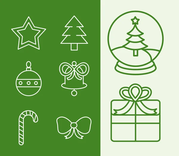 Frohe Weihnachten, Geschenk Baum Stern Süßigkeiten Bogen Stern Schneeflocke und andere Symbole Linie füllen — Stockvektor