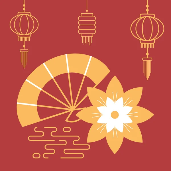 Ventilador de flores e lanternas design de linha de decoração elemento oriental tradicional — Vetor de Stock