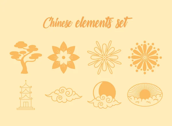 Oosterse element decoratie bonsai bloemen pagode wolk pictogrammen set lijn ontwerp — Stockvector
