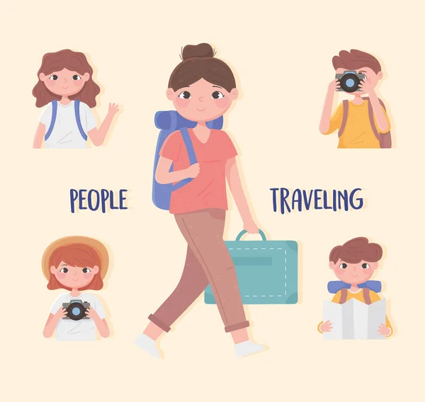 Personas que viajan, personas turísticas con cámara mochila y maleta — Vector de stock