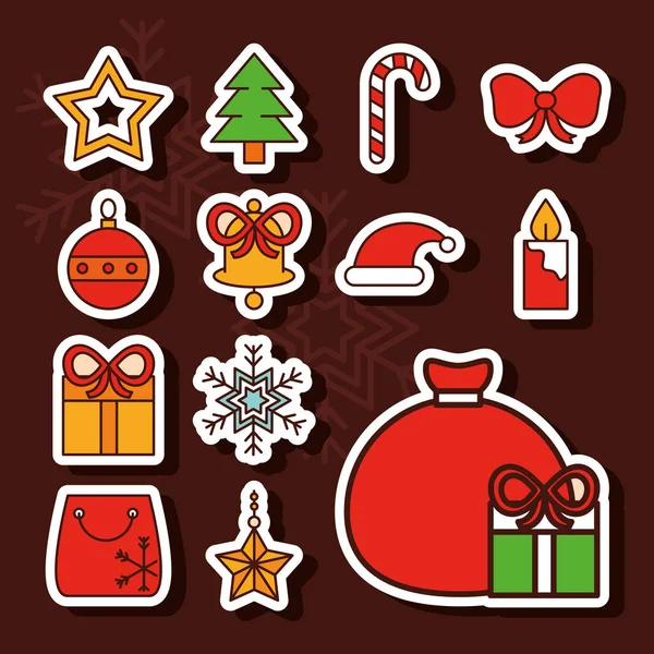 Feliz Feliz Navidad, regalo árbol estrella caramelo arco estrella copo de nieve y otros iconos línea llenar icono — Vector de stock