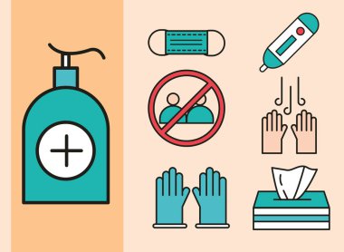 Dezenfektan jeli, tıbbi maske, mendil kutusu ve eldivenli virüs koruyucusu simge çizgisi ve doldurma simgesi