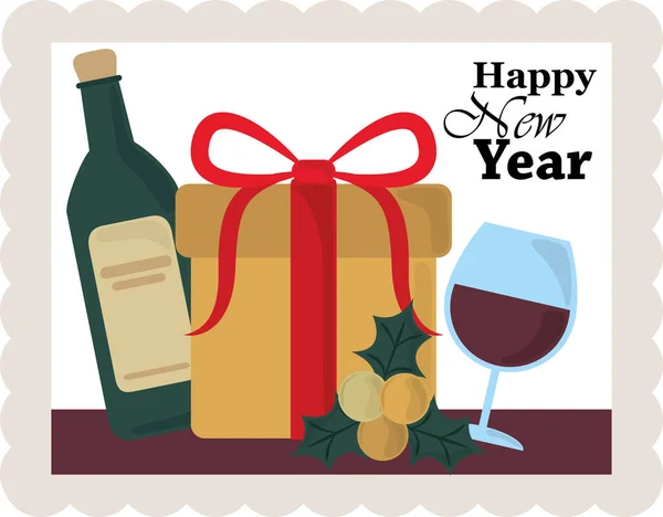 Gelukkig nieuwjaar 2021, geschenkdoos wijnfles en bekerviering, postzegel icoon — Stockvector