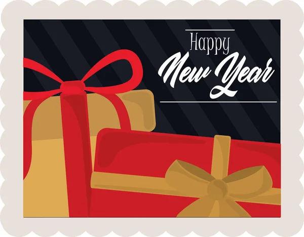 Mutlu yıllar 2021, mektup ve hediye kutuları, posta pulu simgesi — Stok Vektör