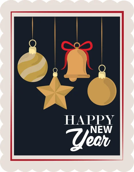 Feliz ano novo 2021, pendurado estrela bola e sino, ícone selo postal — Vetor de Stock